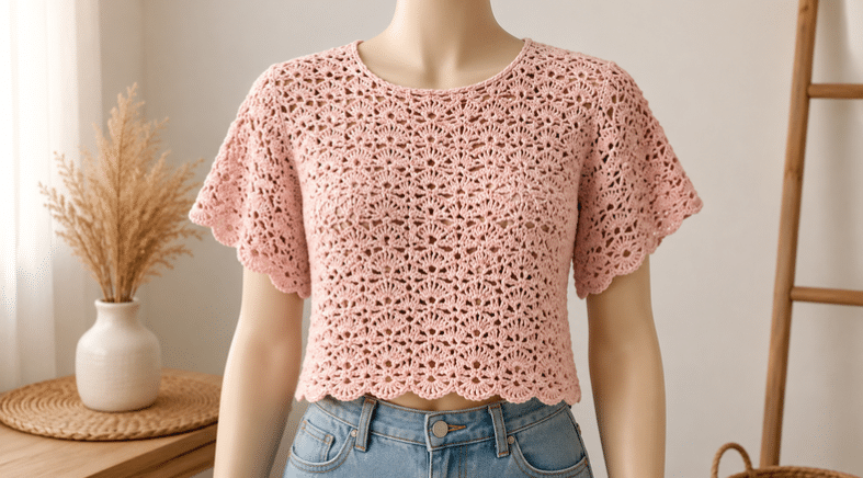 Blusa de crochê rosa traz delicadeza, charme artesanal e um visual encantador