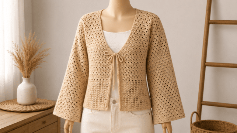 Cardigã de crochê bege é a peça artesanal que deixa o look leve e elegante