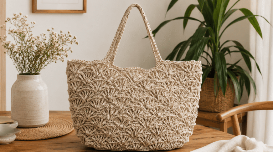 Bolsa de crochê bege une textura artesanal, elegância e praticidade no dia a dia