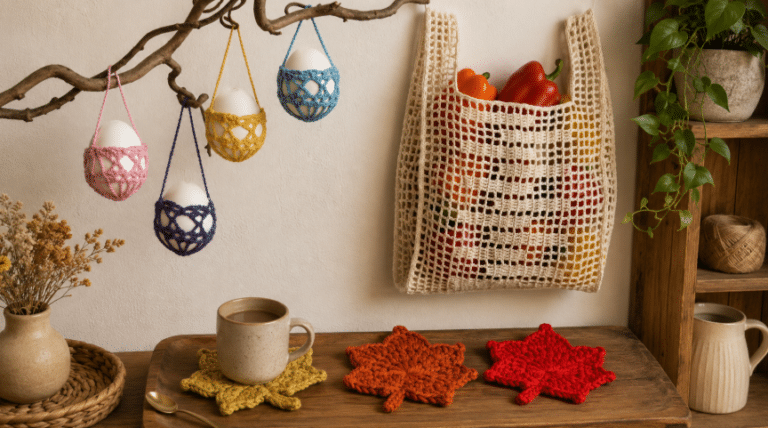 Crochê moderno em detalhes que encantam: enfeites delicados, sacola artesanal e porta-canecas em formato de folha deixam o ambiente mais criativo, acolhedor e cheio de personalidade.