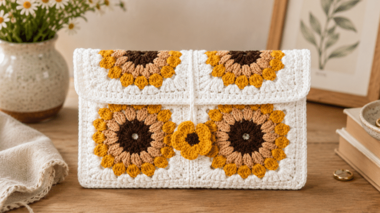 Carteira de crochê com squares de girassol: uma peça delicada, artesanal e cheia de charme para valorizar o visual com cor, textura e personalidade.