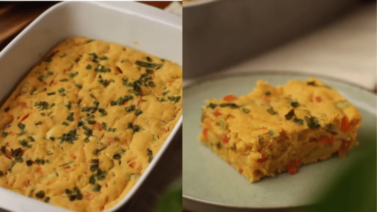 Torta salgada de legumes assada em uma travessa branca, ao lado de uma fatia servida em prato verde, com massa dourada e pedaços de legumes aparentes.
