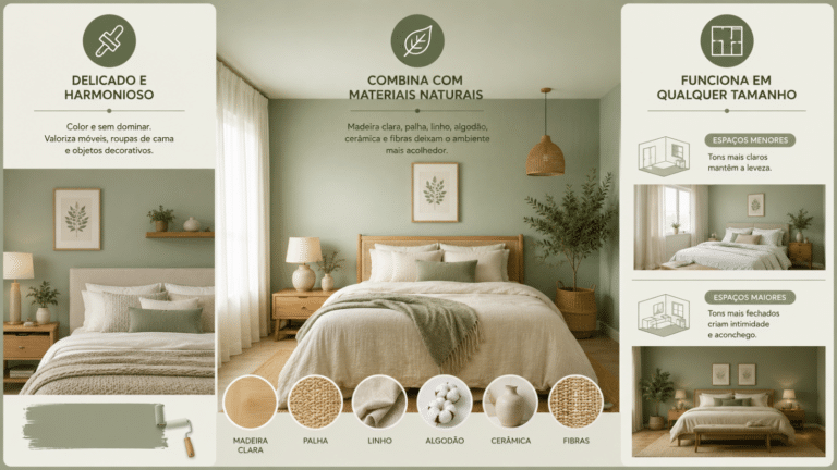 Infográfico sobre parede verde suave no quarto, com ideias de combinação com madeira, linho, algodão, cerâmica e fibras naturais.
