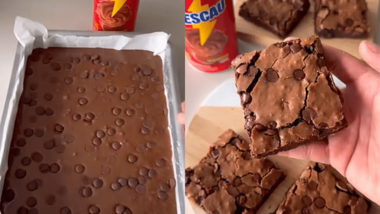 Legenda: Brownie fácil com 5 ingredientes, feito com achocolatado, massa úmida e casquinha crocante por cima para uma sobremesa simples, econômica e cheia de sabor.