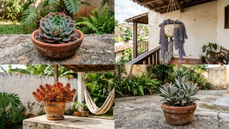 Colagem com quatro fotos de diferentes suculentas cultivadas em vasos de barro em ambientes externos e rústicos.