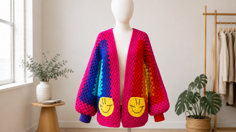 Manequim sem rosto usando casaco de crochê colorido em tons de rosa, azul, vermelho e amarelo, com bolsos decorativos, em ambiente interno minimalista.