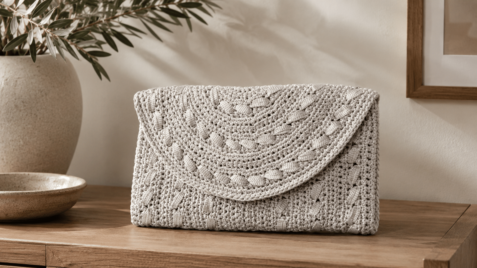 Bolsa Búzios em crochê combina estrutura curva e acabamento elegante