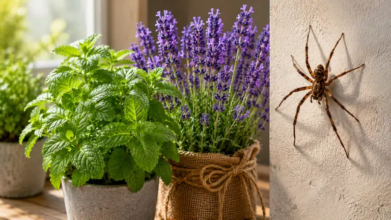 Vasos de hortelã e lavanda ao lado de uma aranha em ambiente interno, ilustrando plantas aromáticas que ajudam a afastar aranhas naturalmente de casa.
