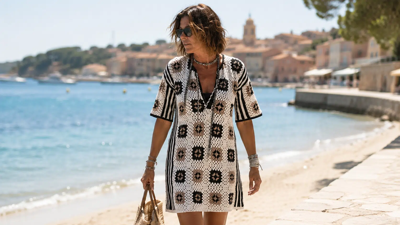 Saída de praia de crochê inspirada no modelo usado por Carolina de Mônaco em Saint-Tropez.