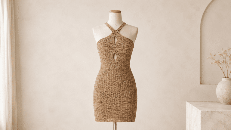 Vestido Namíbia em crochê combina ponto vazado e recortes modernos