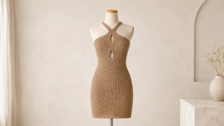 Vestido Namíbia em crochê bege exposto em manequim em ambiente neutro e sofisticado