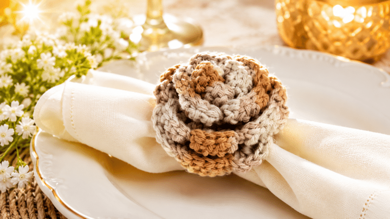 Porta-guardanapo flor de crochê em espiral com guardanapo branco