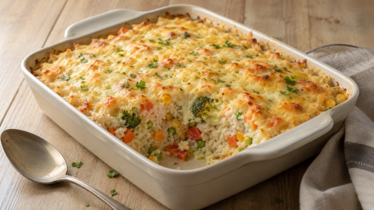 Arroz de forno cremoso com legumes e queijo gratinado servido em travessa de cerâmica clara.