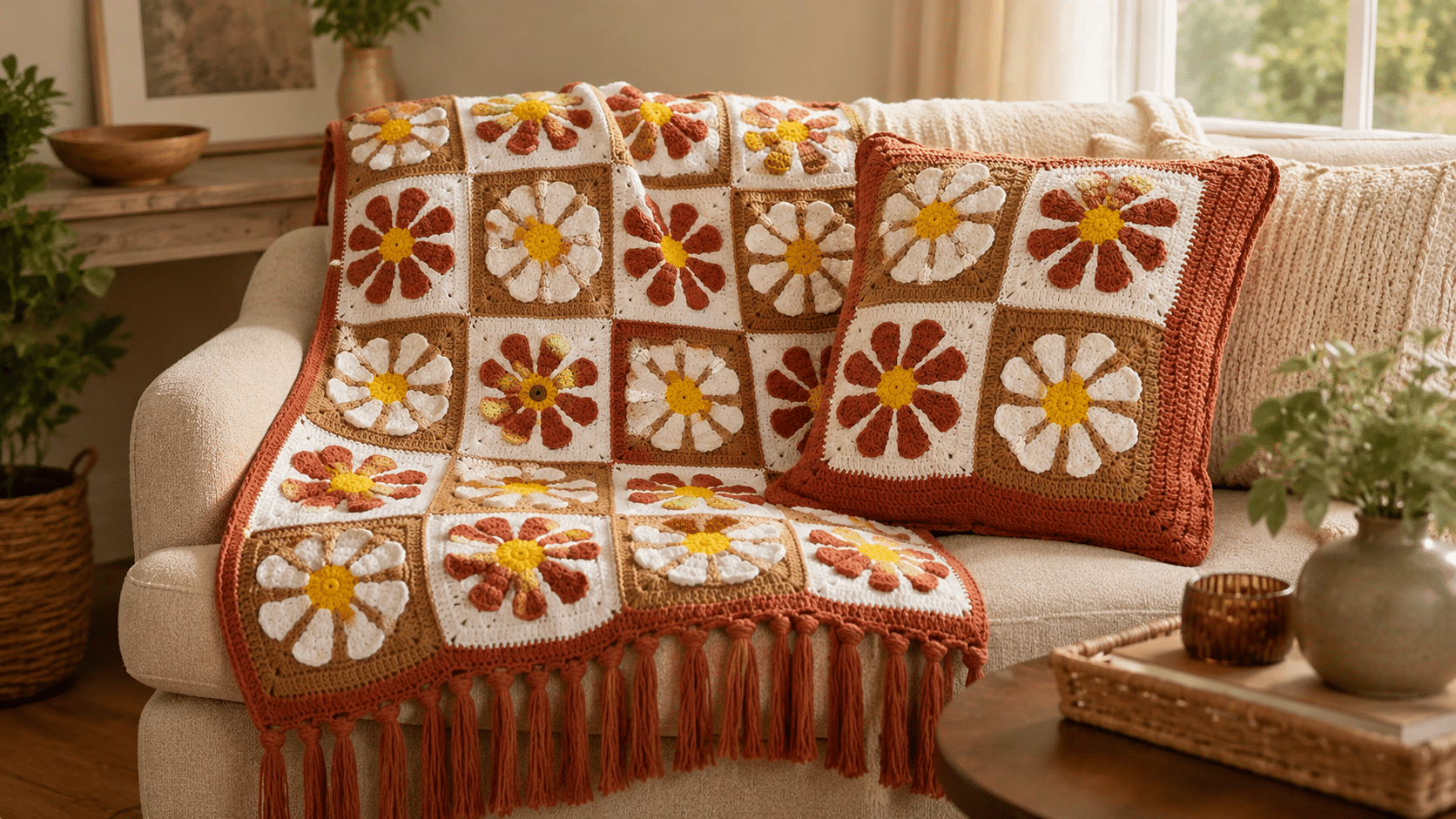 Conjunto Manta e Almofada Flower Power leva flores de crochê para uma decoração acolhedora