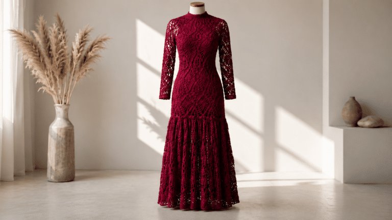 Manequim usando vestido longo de crochê bordô com mangas longas, gola alta e saia ampla em ambiente claro e sofisticado.