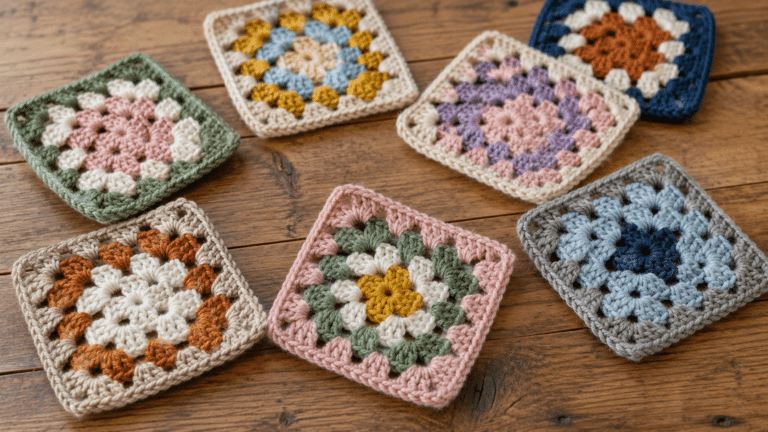 Granny squares coloridos de crochê sobre mesa de madeira