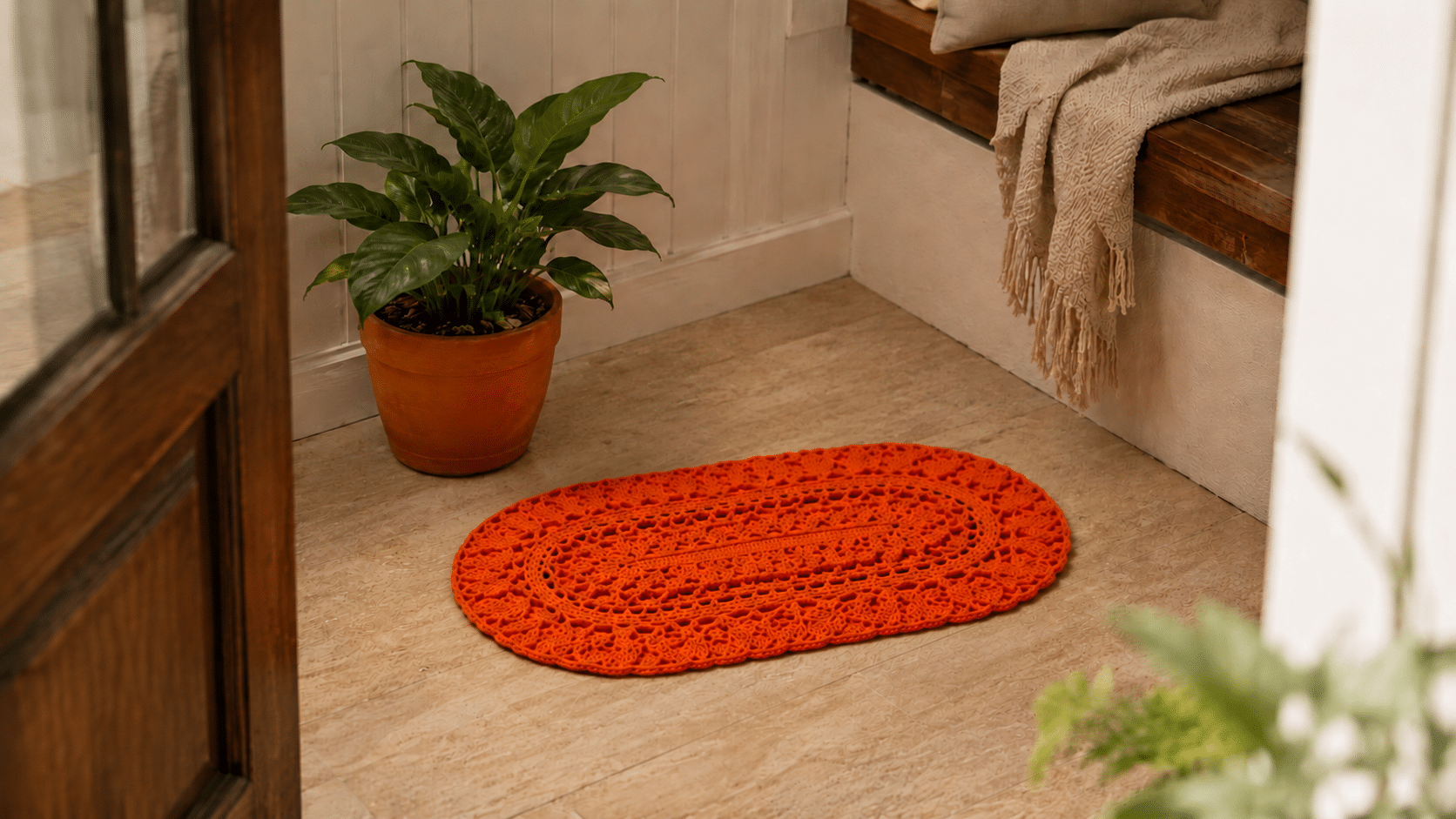 Tapete Brasa em crochê traz cores terrosas e textura marcante para a decoração