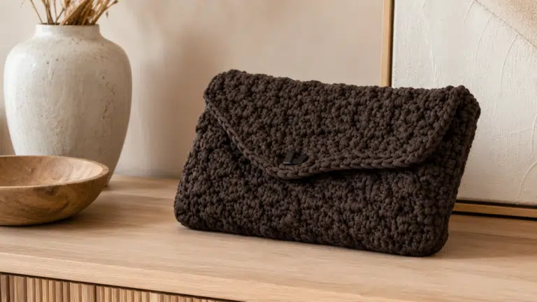 Bolsa Musgo de crochê marrom exposta sobre móvel de madeira em ambiente neutro e sofisticado