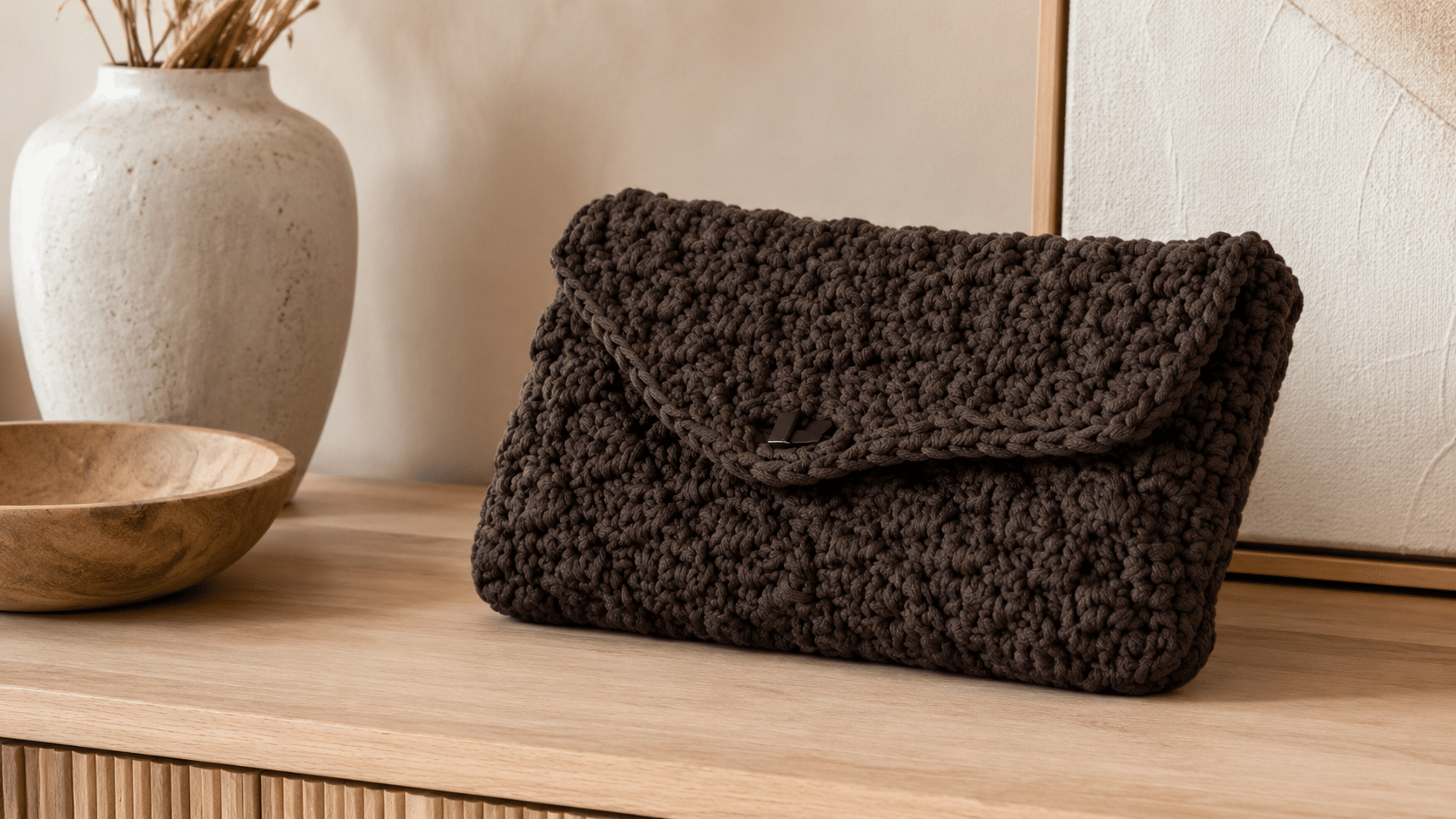 Bolsa Musgo em crochê combina textura marcante e formato compacto