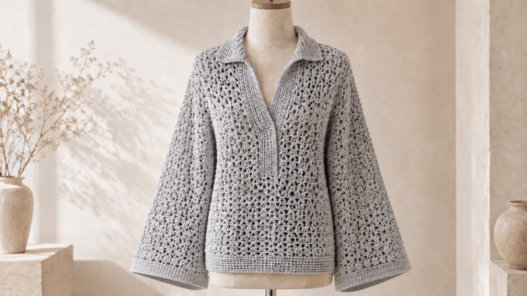 Camisa Sedificada em crochê com mangas longas e gola polo