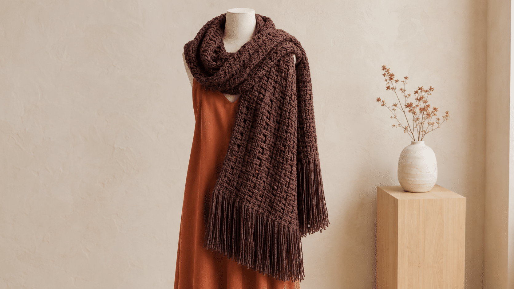 Cachecol de crochê Mood Flow é o item que combina textura generosa e elegância para os dias frios
