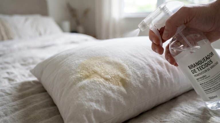 Mão segurando um borrifador transparente rotulado "BRANQUEADOR DE TECIDOS" e aplicando uma solução líquida diretamente sobre uma mancha amarelada circular no centro de um travesseiro branco em cima de uma cama.
