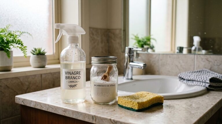 Frasco borrifador com rótulo "Vinagre Branco - Limpeza" e um pote de vidro com "Bicarbonato de Sódio", dispostos na bancada de mármore de um banheiro ao lado de uma esponja.