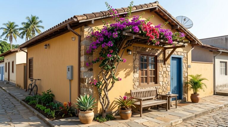 Casa térrea amarela com detalhes em pedra rústica, onde um grande pé de primavera (bougainville) com brácteas em tons de rosa e roxo sobe por uma pérgola de madeira sobre a janela. Na calçada de pedra, há vasos com suculentas e bromélias, e uma bicicleta preta encostada na parede.