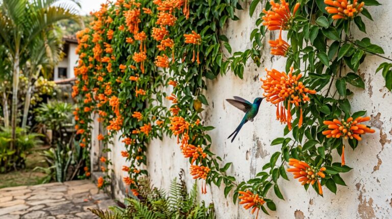 Beija-flor verde e azul com as asas abertas em voo suspenso, alimentando-se do néctar de cachos pendentes de flores laranjas de trepadeira flor-de-são-joão (bignônia). Ao fundo, a planta cobre um muro claro e envelhecido.