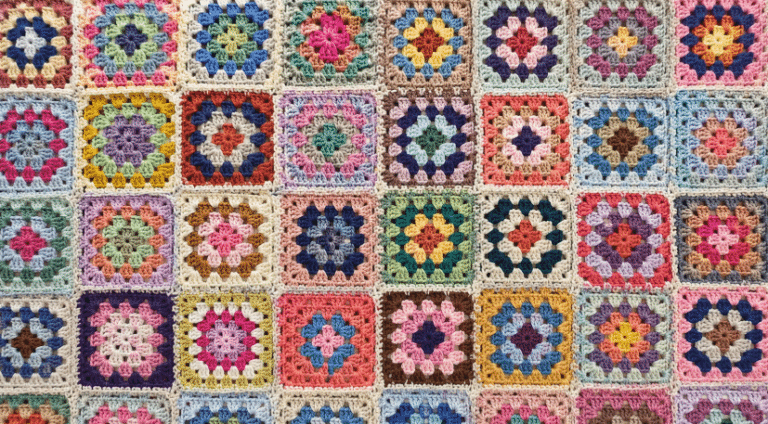 Imagem em 16:9 preenchida inteiramente por granny squares de crochê coloridos, unidos lado a lado, com diferentes combinações de cores e textura artesanal em evidência.