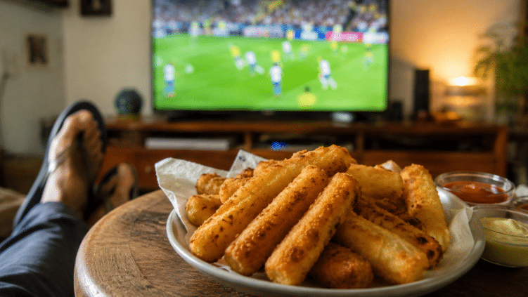 Palitinhos de queijo empanados, dourados e crocantes, servidos em uma mesa de centro com molhos ao lado, enquanto uma televisão ao fundo mostra um jogo do Brasil de forma desfocada.