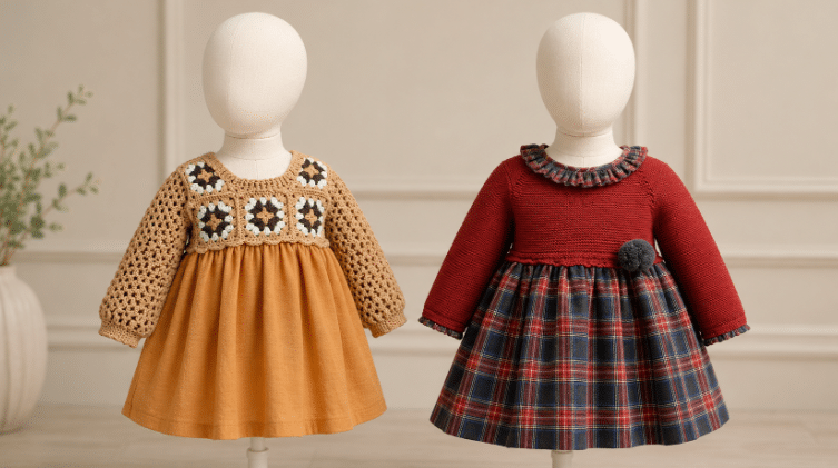 Dois manequins infantis sem rosto exibem vestidos artesanais em um ambiente claro e elegante. À esquerda, um vestido com parte superior em crochê bege e saia de tecido em tom caramelo; à direita, um vestido com corpo vermelho de textura artesanal e saia xadrez em tons de vermelho e azul.