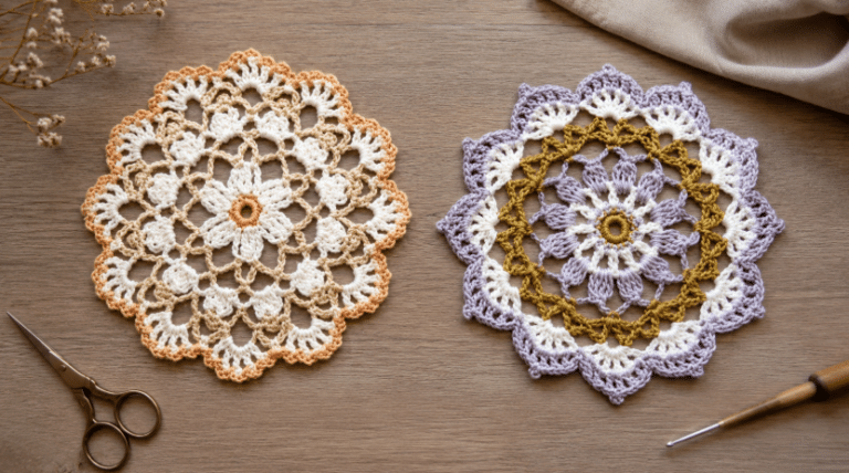 Duas mandalas de crochê sobre mesa de madeira, uma em tons de branco e pêssego e outra em lilás, branco e dourado, acompanhadas por tesoura, agulha de crochê e tecido neutro.