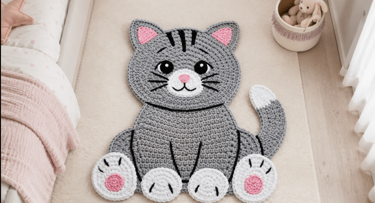 Tapete infantil de crochê em formato de gatinho cinza, com detalhes em rosa, branco e preto, colocado no chão de um quarto infantil claro e delicado.