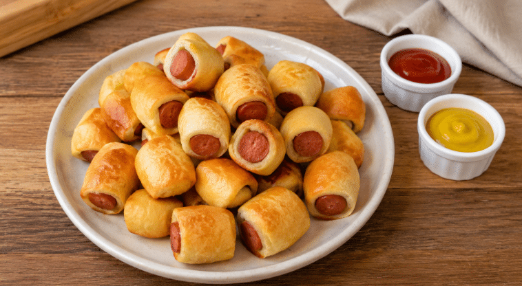 Mini enroladinhos de salsicha dourados servidos em prato claro sobre mesa de madeira, com potes de ketchup e mostarda ao lado.