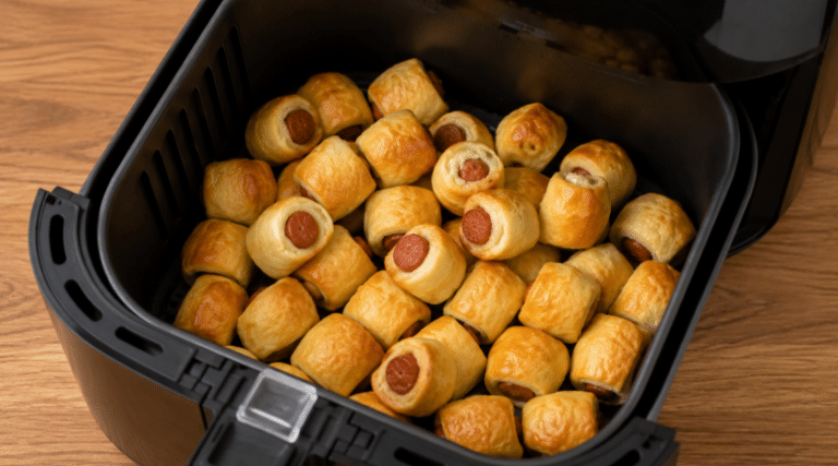 Mini enroladinhos de salsicha dourados dentro da cesta da Air Fryer, com massa assada e recheio visível em alguns pedaços.
