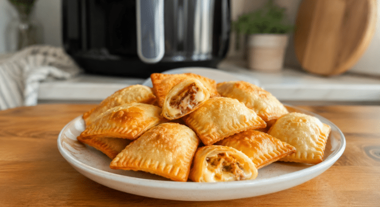 Pastelzinhos de massa pronta dourados feitos na Air Fryer, servidos em prato claro sobre mesa de madeira.