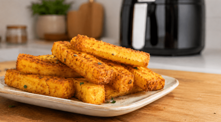 Palitos de polenta crocante feitos na Air Fryer servidos com molhos para o jogo do Brasil.