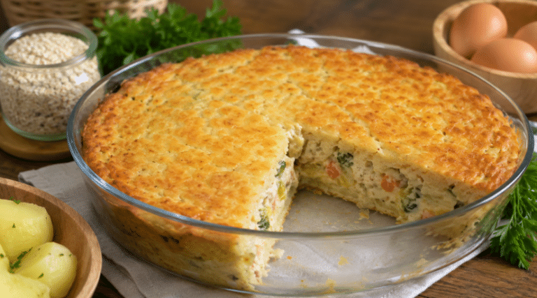 Torta salgada caseira feita com massa sem farinha tradicional, dourada por cima e com fatia cortada mostrando recheio cremoso de legumes e queijo.