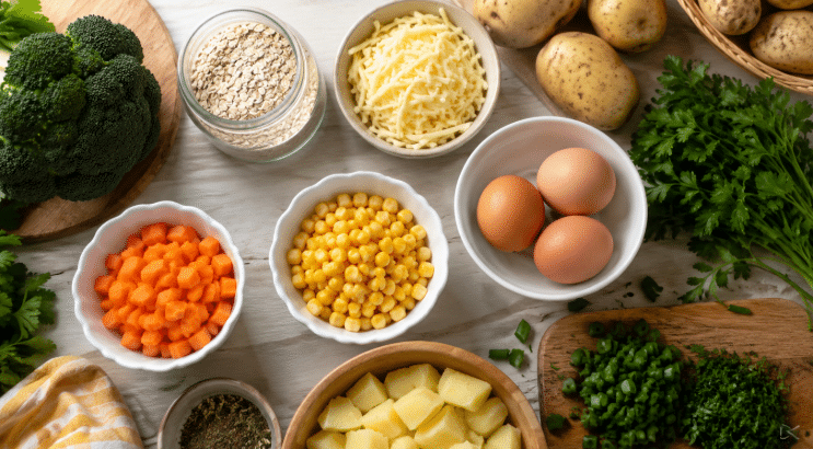 Ingredientes vistos de cima para preparar torta salgada sem farinha tradicional, com batatas, aveia, ovos, queijo, milho, cenoura, brócolis e ervas frescas.