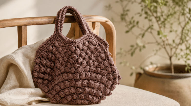 Bolsa de crochê castanha apoiada sobre uma cadeira de madeira,