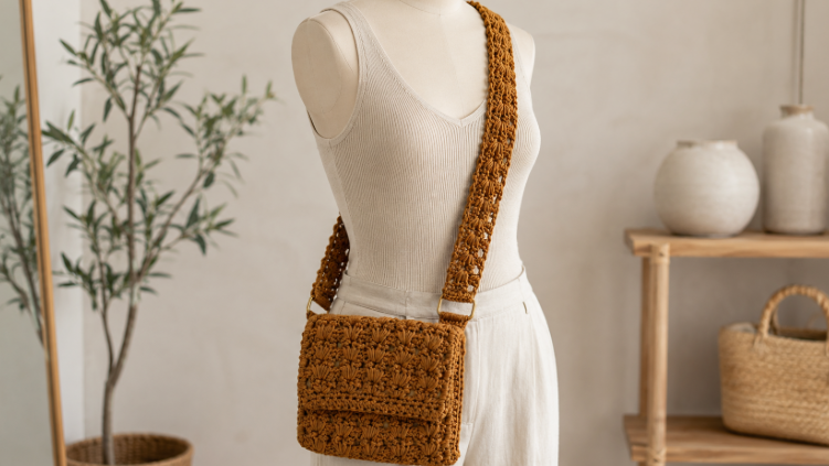 Bolsa de crochê em tom mascavo/cobre, com alça larga e textura marcante, exibida em um manequim em ambiente claro e minimalista.