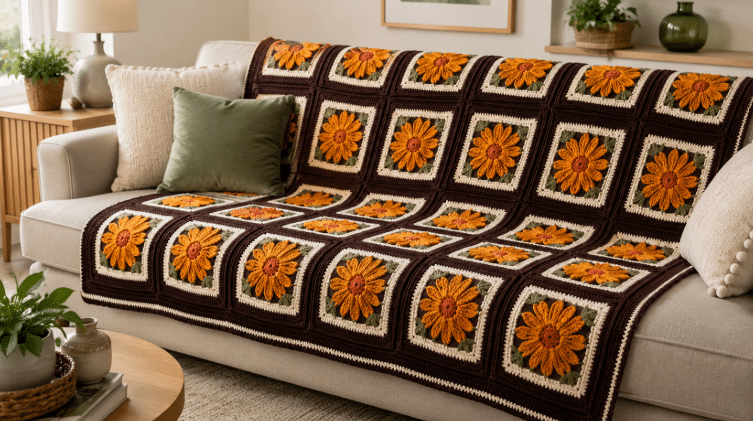Manta de crochê com flores em squares, nas cores marrom, cru e laranja, estendida sobre um sofá claro em sala decorada com almofadas e plantas.