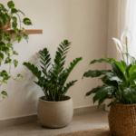 Três plantas de sombra em ambiente interno claro: jiboia pendente em prateleira, zamioculca em vaso no chão e lírio-da-paz florido perto da janela.