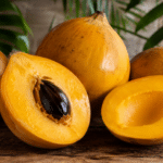Frutos de canistel maduros sobre mesa de madeira, com frutas inteiras e metades abertas mostrando polpa amarela intensa, textura cremosa e semente escura.