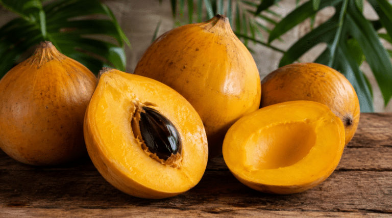 Frutos de canistel maduros sobre mesa de madeira, com frutas inteiras e metades abertas mostrando polpa amarela intensa, textura cremosa e semente escura.