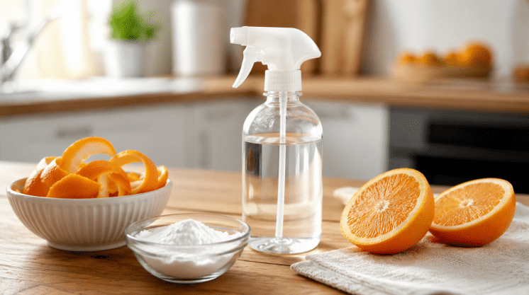 Bancada de cozinha com cascas de laranja em tigela, bicarbonato de sódio em pote de vidro, borrifador transparente, laranjas cortadas e pano claro.