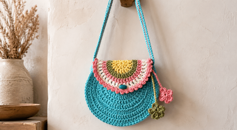 Bolsinha de crochê redonda e colorida, com aba detalhada e alça longa, pendurada em uma parede clara de estilo rústico, com decoração suave ao redor.