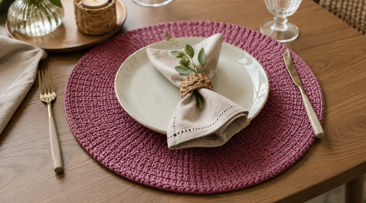 Sousplat redondo de crochê em tom rosado sobre mesa de madeira, com prato branco, guardanapo bege, talheres e decoração suave em uma mesa posta.
