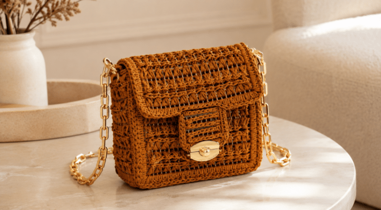 Bolsa de crochê estruturada em tom caramelo, com ponto vazado, aba frontal, fecho dourado e alça de corrente, apoiada sobre mesa clara em ambiente sofisticado.